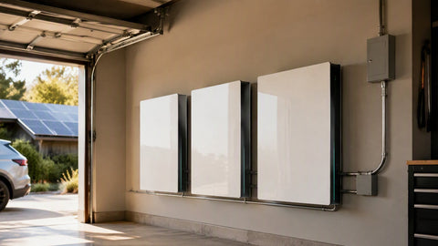 Three sleek white home battery units wall-mounted in a row in a modern garage