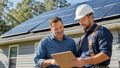 A homeowner and contractor reviewing permit paperwork on a clipboard in front of a house with new solar panels