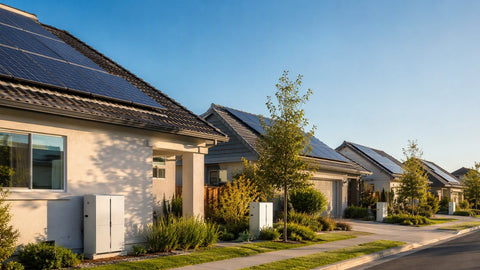 A row of suburban homes with rooftop solar and small battery cabinets