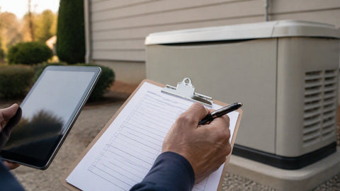 Technician's hands with clipboard and tablet inspecting a home standby generator, shallow depth of field