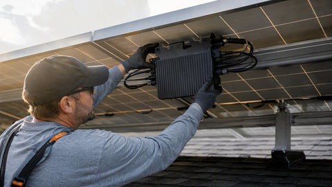 A compact modular microinverter unit being mounted beneath rooftop solar panels by an installer