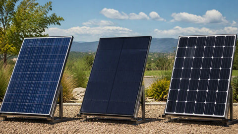 Three different solar panel types displayed side by side on stands outdoors