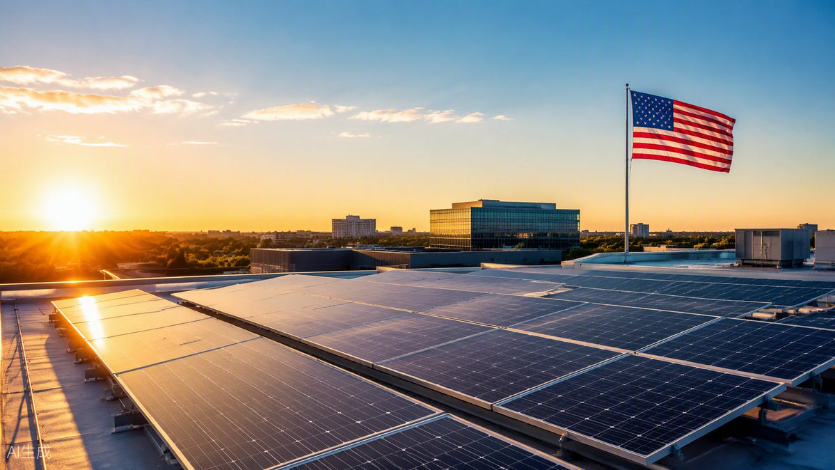 Commercial rooftop solar panels at sunset with American flag β ITC safe harbor and commence-construction rules for 2026