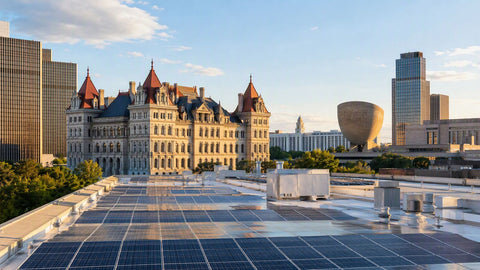 The New York State Capitol area skyline with rooftop solar installations in the foreground