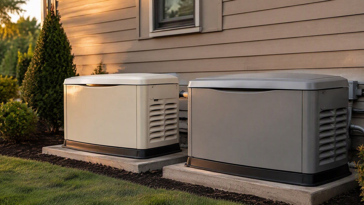 Two home standby generators installed side by side for comparison
