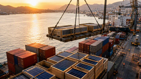 Container port at golden hour with crane lifting crated solar panels over the dock