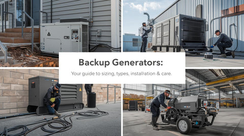 Backup generators in real-world settings: home standby, commercial, and portable units.