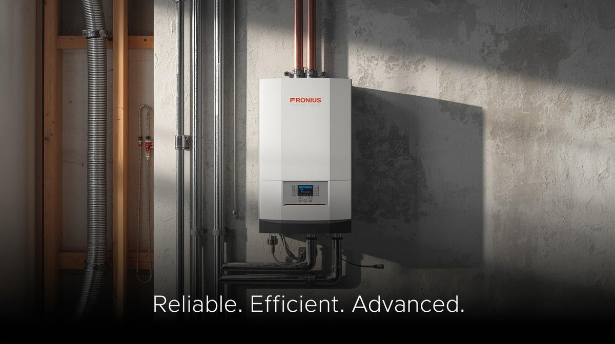Modern indoor solar energy system installation with Fronius unit and visible conduits.