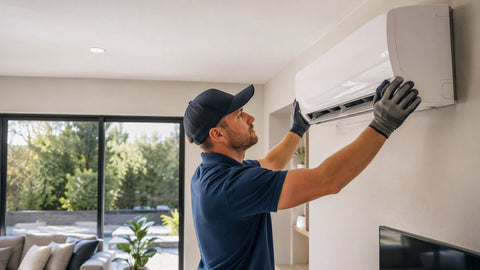 A technician installing a wall-mounted mini-split heat pump indoor unit in a bright modern living room