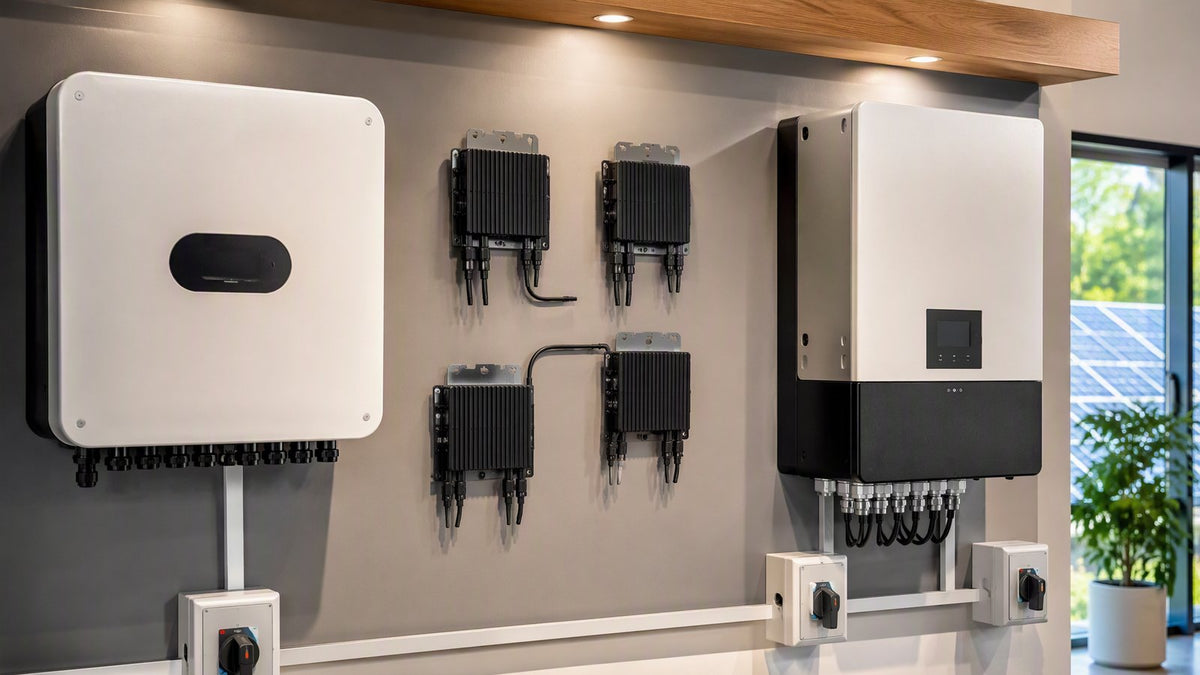 Solar inverter types comparison with microinverter, hybrid, and string inverter units.