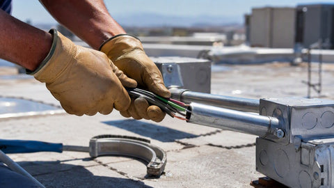 Electrician pulling THHN copper conductors into EMT conduit on a hot commercial rooftop