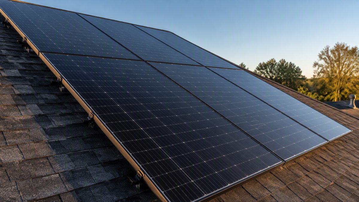 All-black solar panels on a residential shingle rooftop in late afternoon sunlight