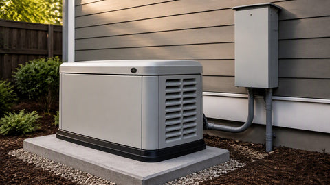 Standby generator on concrete pad with automatic transfer switch on house wall
