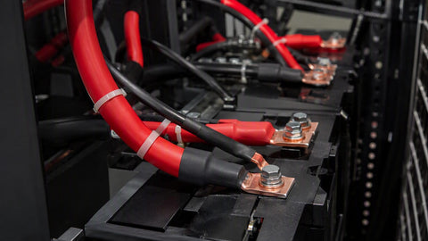 Thick red and black battery cables with crimped lugs on a battery bank rack