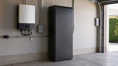Floor-standing home battery storage cabinet beside a wall-mounted hybrid inverter in a residential garage