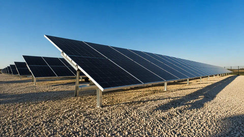 Commercial ground-mount bifacial solar array on light gravel under a clear sky