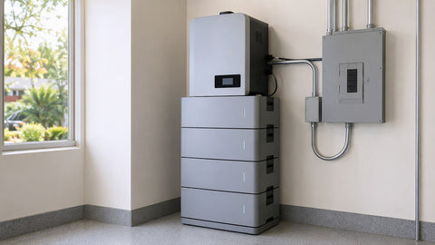 Modular home battery stack with inverter head and subpanel in a utility room
