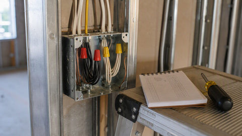 Open electrical junction box with wire nuts and folded conductors, work in progress