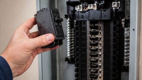 Electrician's hand holding a circuit breaker in front of an open load center