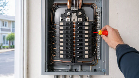 Open residential breaker panel with labeled double-pole breakers and copper feeders