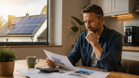 A homeowner at a kitchen table with a calculator and solar quotes