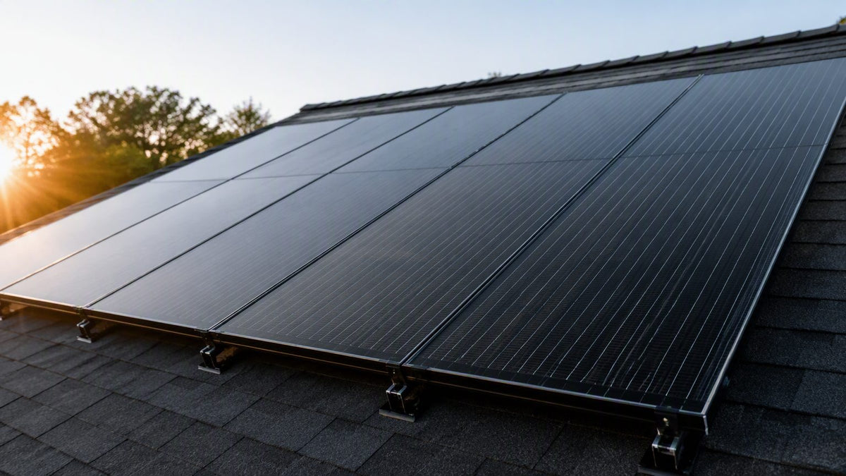 All-black residential solar panels on a shingle rooftop at low afternoon sun