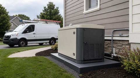 Residential standby generator on a composite pad beside a suburban home with an electrician work van in the driveway