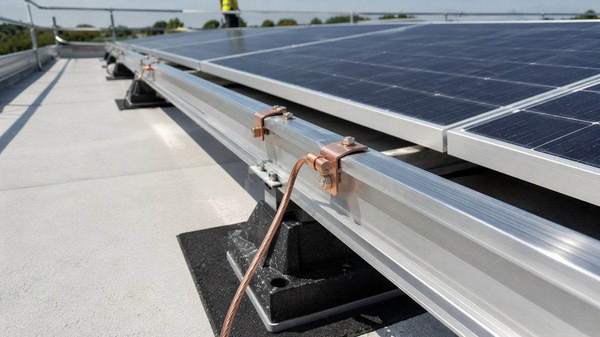 Commercial flat-roof solar array with copper grounding lugs bonding aluminum racking rails