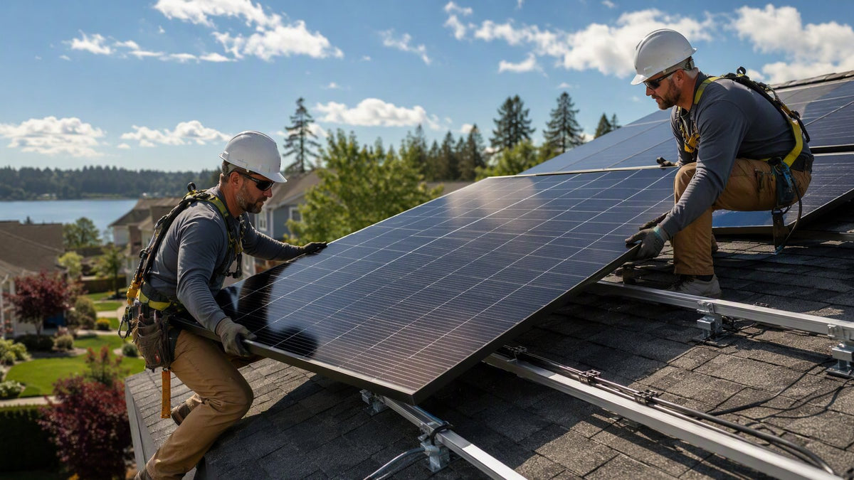 Workers installing solar panels on a residential rooftop