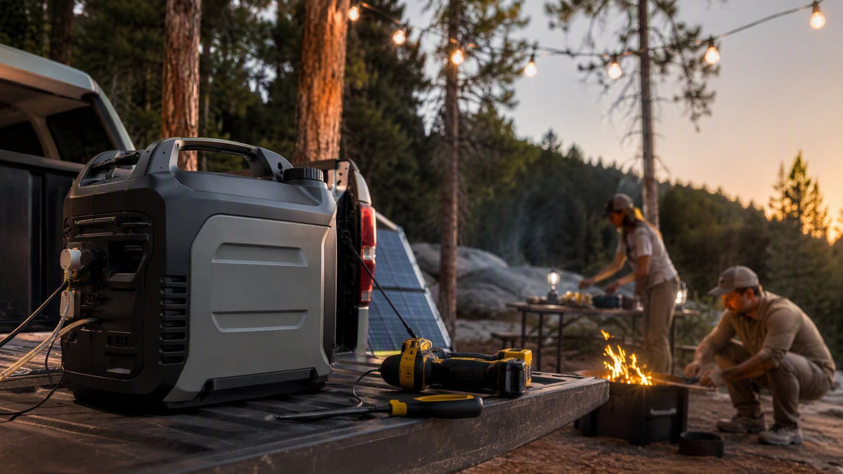 A compact portable inverter generator on a campsite tailgate powering string lights and tools