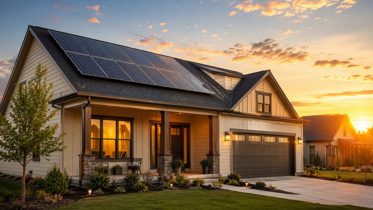 A welcoming suburban home with a modern rooftop solar array at golden hour
