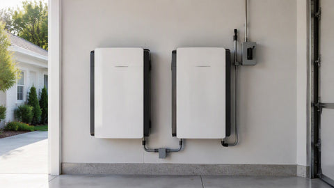 Two modern wall-mounted home battery storage units side by side on a clean residential garage wall with conduit and a disconnect