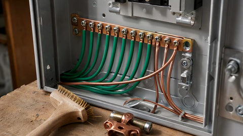 Green-insulated copper grounding conductors bonded to a ground bar in a panel