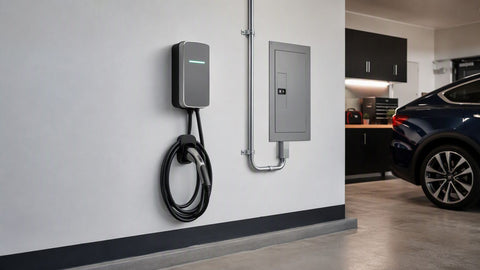 Level 2 EV charger wall-mounted in a residential garage with dedicated circuit