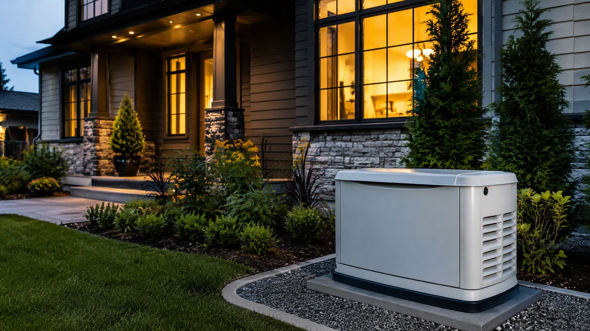 Backup generator outside modern house with illuminated windows at night