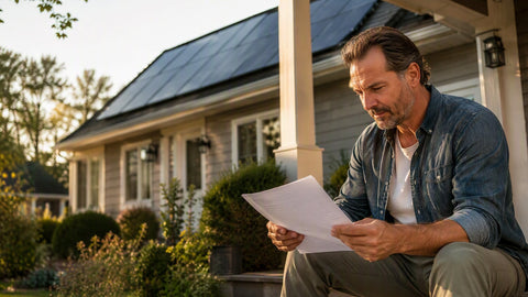 A homeowner on the porch of a solar-equipped suburban home reviewing an energy bill