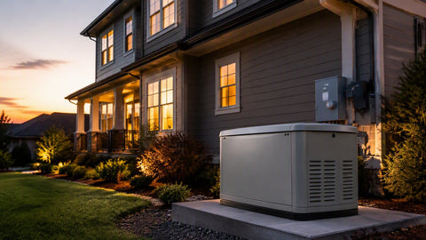 A 26kW standby generator on a concrete pad beside a two-story suburban home at dusk
