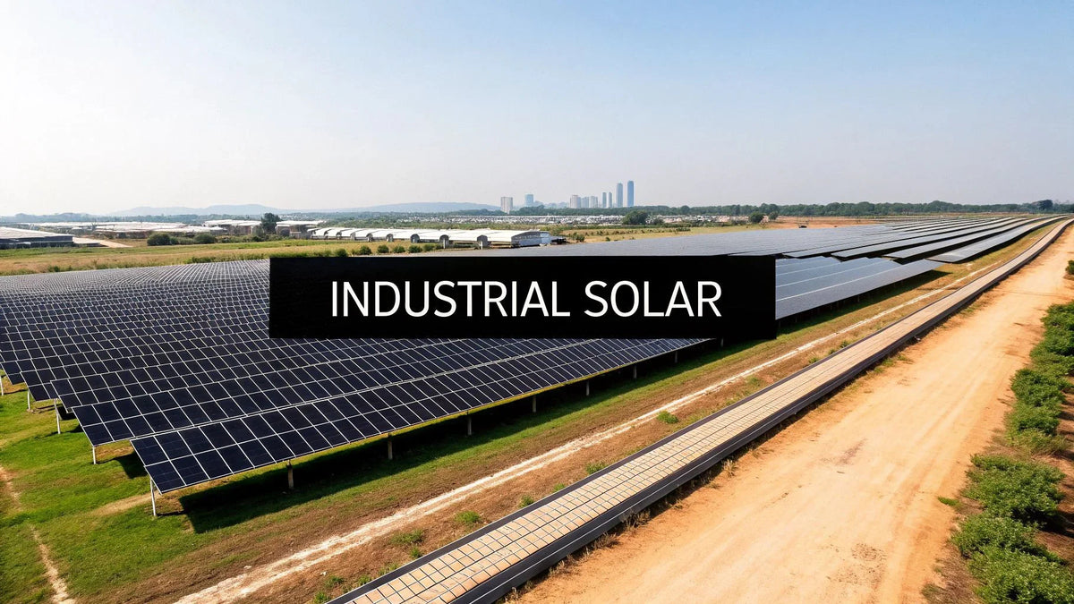 Large industrial solar panel farm in a rural field with city skyline in the background