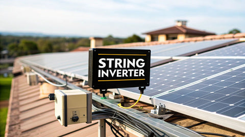 String inverter and solar panels mounted on a rooftop solar power system