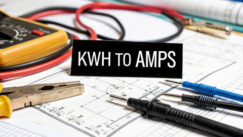 KWH to AMPS sign with multimeter, pliers, and test leads on electrical schematics.