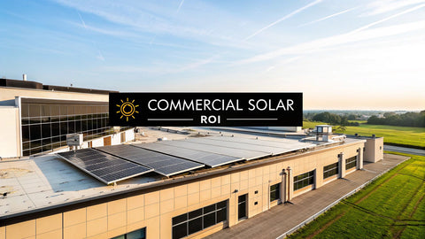 Rooftop solar panels on modern commercial building, commercial solar ROI banner displayed