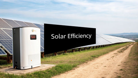 Solar panels in a field with inverter and 'Solar Efficiency' text, renewable energy concept