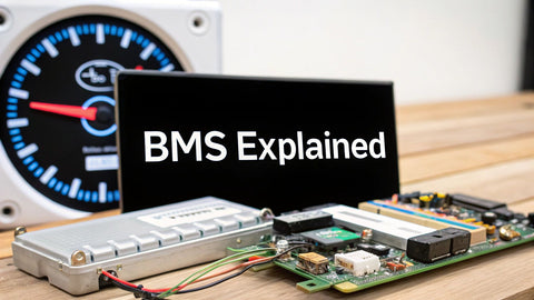 BMS Explained text with electronic circuit board and analog gauge on wooden table