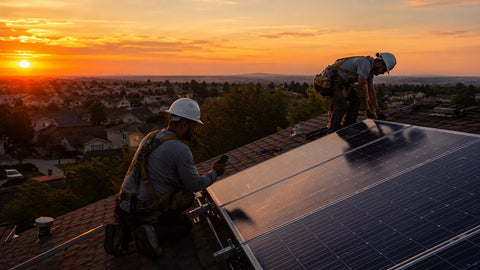 Two installers finishing a residential rooftop solar installation at sunset