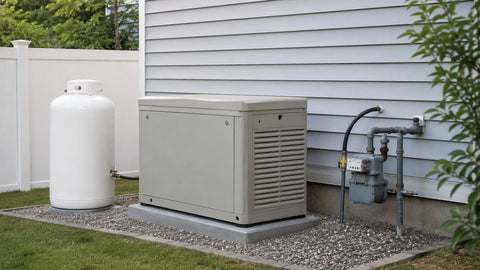 Standby generator beside a residential propane tank and natural gas line