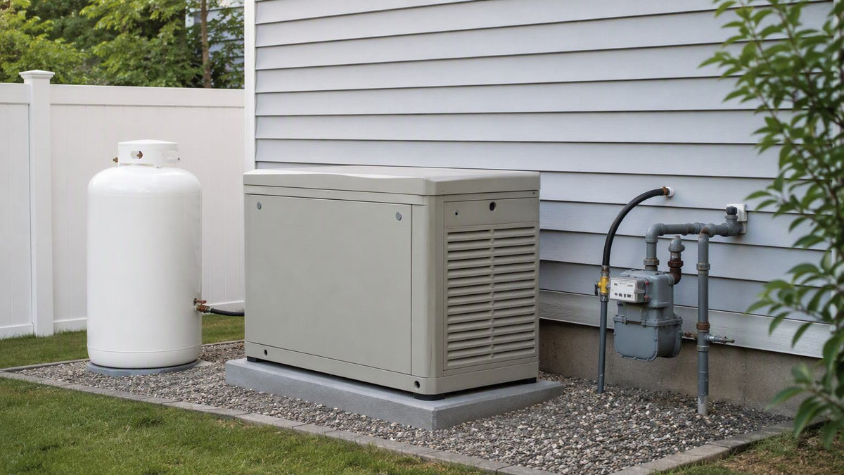 Generador de respaldo junto a tanque de propano residencial y linea de gas natural