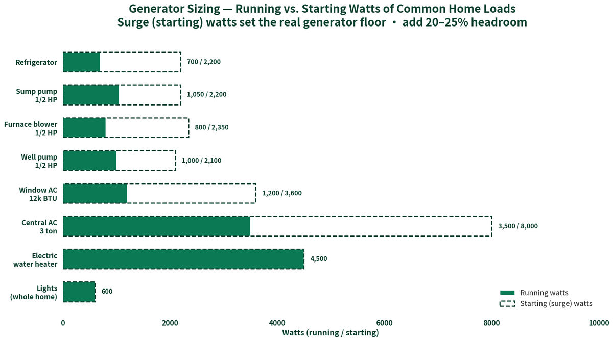 Running vs starting watts of common home loads for generator sizing