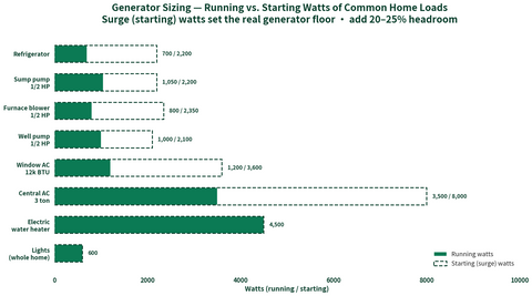 Running vs starting watts of common home loads for generator sizing