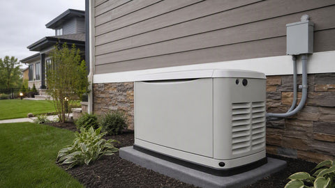 Whole-home standby generator on a pad beside a house with transfer switch