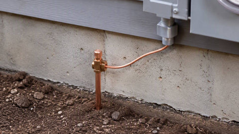 Copper ground rod with clamp and bare grounding electrode conductor at a foundation